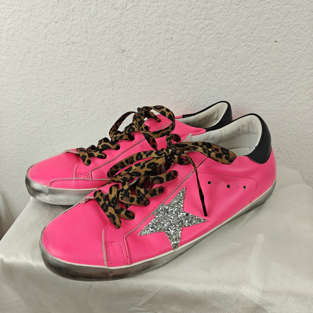 Golden Goose Super-Star Neon Pink Glitter Star Sneakers Sz 40 (9-9.5) Leopard - Picture 8 of 16